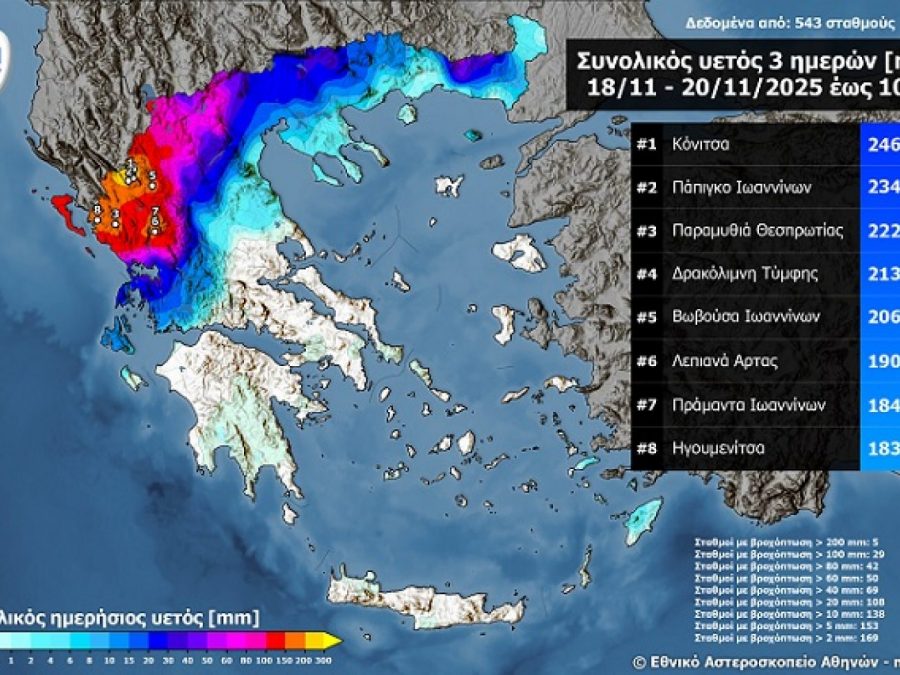 Στην Κόνιτσα έπεσαν 247 χιλιοστά νερού - Πολύ μεγάλα αθροιστικά ύψη υετού στα βορειοδυτικά