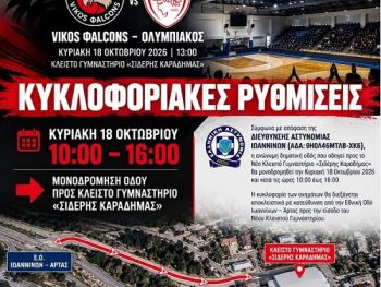 Κυκλοφοριακές ρυθμίσεις για το Vikos Φalcons – Ολυμπιακός