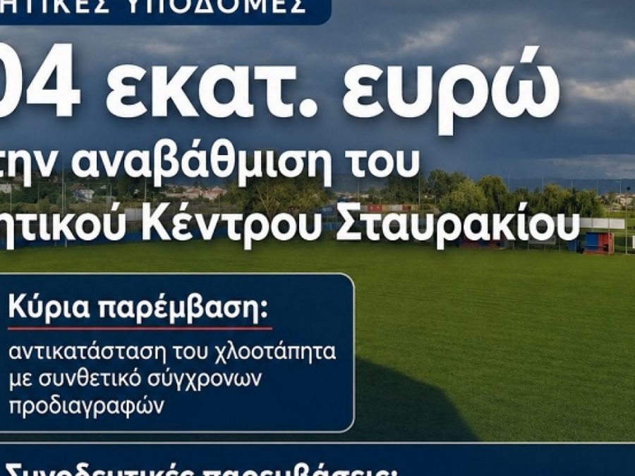 Εγκρίθηκε η μελέτη των 1,04 εκατ. ευρώ για την αναβάθμιση του Αθλητικού Κέντρου Σταυρακίου