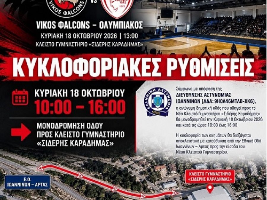 Κυκλοφοριακές ρυθμίσεις για το Vikos Φalcons – Ολυμπιακός